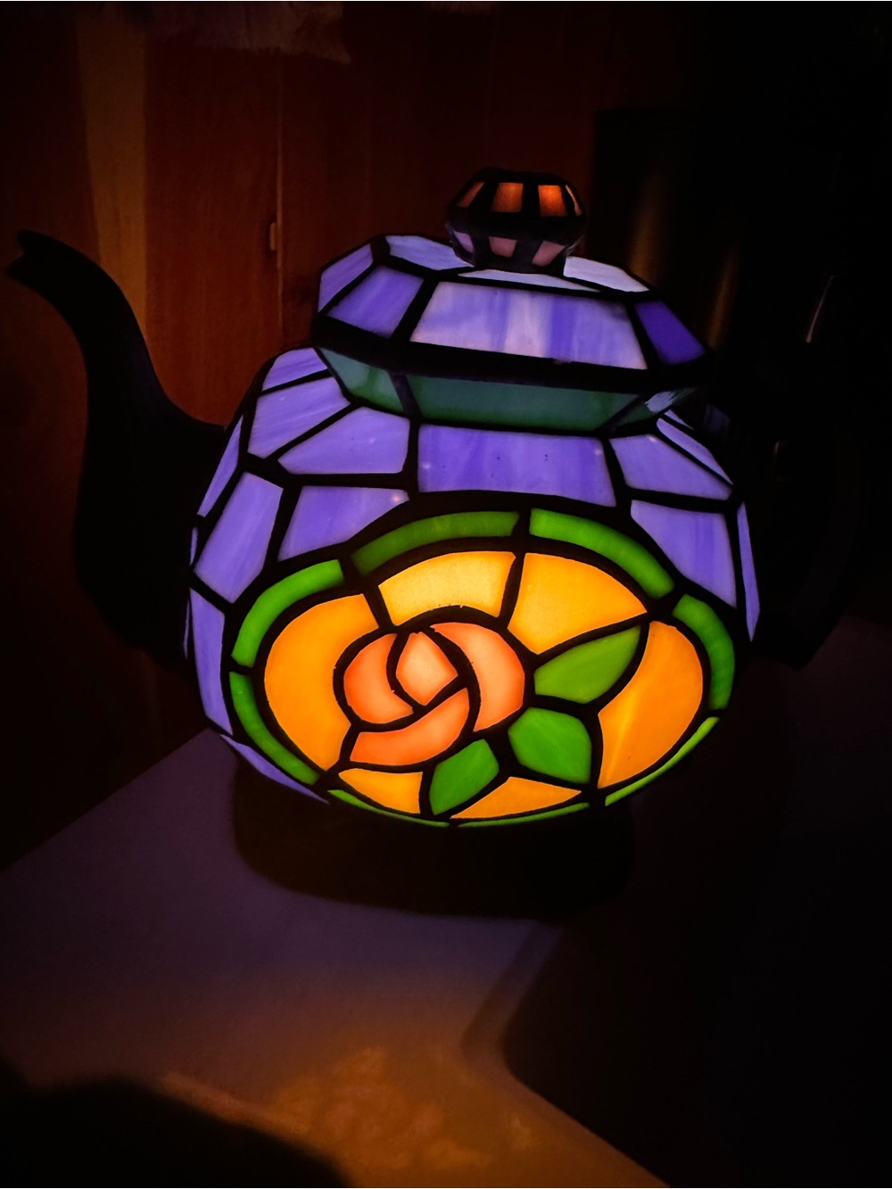 Tiffany Style Stained Glass Teapot With Flower Design Night Light Table Lamp - Picture 4 of 17
